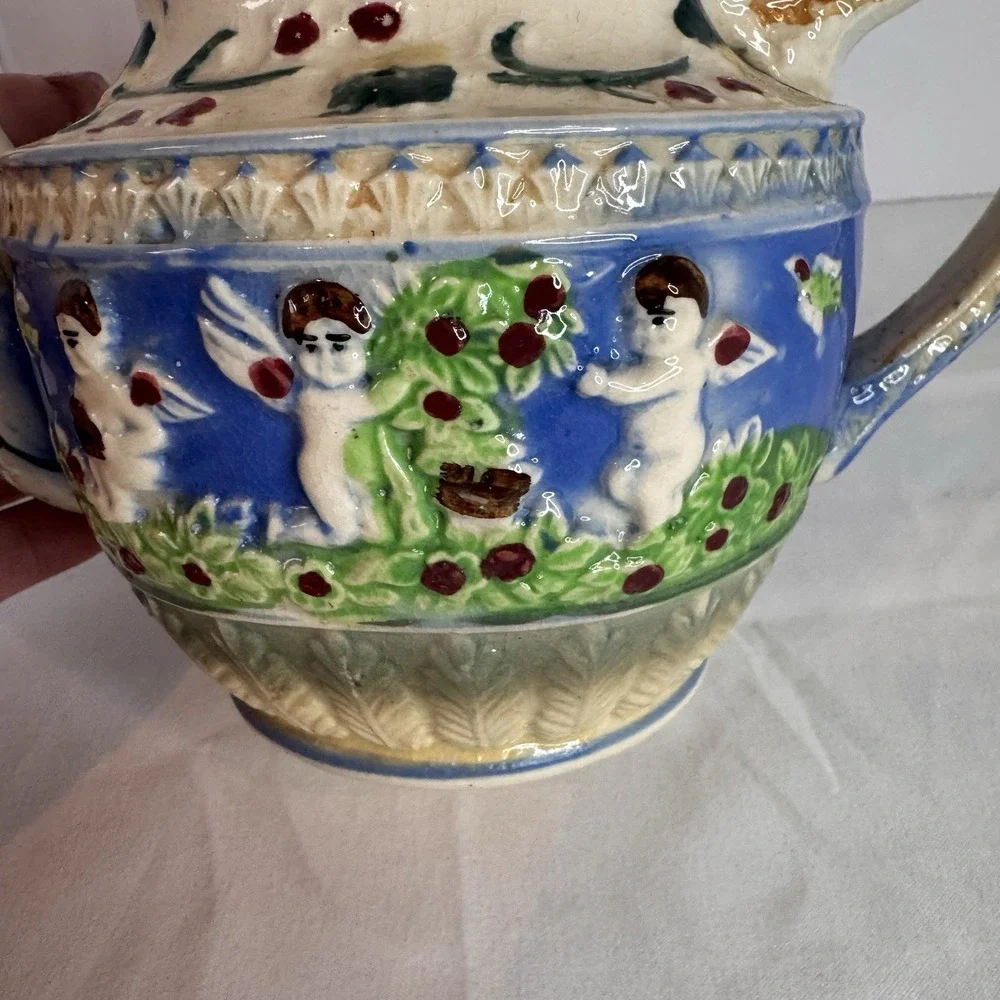 Vintage Japanese Relief Majolica Glazed Floral & Cherub Angels Teapot‎